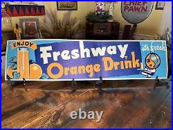 1938 Original Vintage Freshway Orange Drink Outdoor Indoor Litho Banner 50x12