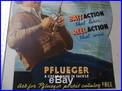 1938 PFLUEGER FISHING TACKLE Cardboard Standee Display Sign Vintage Original BIG