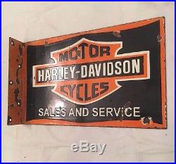 1940's Harley Davidson Motorcycle Vintage Porcelain 2 Sided Flange Enamel Sign