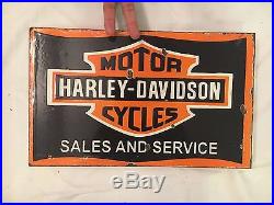 1940's Harley Davidson Motorcycle Vintage Porcelain 2 Sided Flange Enamel Sign