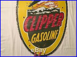 1940's Vintage Porcelain Clipper Gasoline 2 Sided Enamel Sign