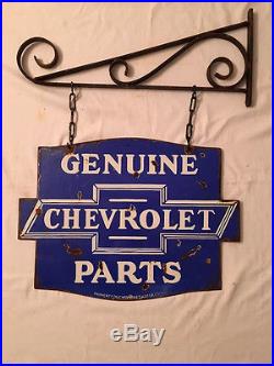 1940's Vintage Porcelain Genuine Chevrolet Parts 2 Sided With Angle Enamel Sign