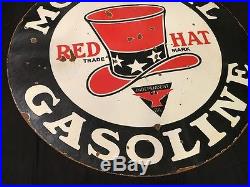 1940's Vintage Porcelain Red Hat Gasoline Motor Oil 2 Sided Enamel Sign