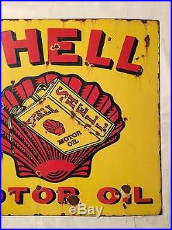 1940's Vintage Porcelain Shell Motor Oil With Flange 2.5'' Enamel Sign