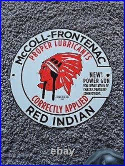 1950's RARE VINTAGE RED INDIAN MCCOLL FRONTENAC 18X16 PORCELAIN ENAMEL SIGN