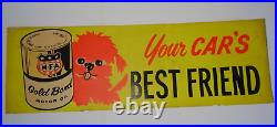 1960s VINTAGE MFA OIL SIGN OIL CAN ADVERTISING SIGN MFA GOLD BOND DOG GRAPHIC