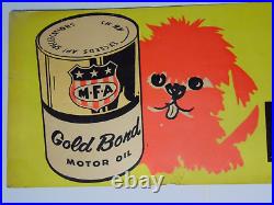 1960s VINTAGE MFA OIL SIGN OIL CAN ADVERTISING SIGN MFA GOLD BOND DOG GRAPHIC