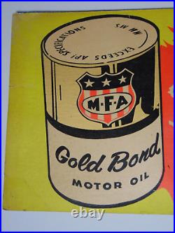 1960s VINTAGE MFA OIL SIGN OIL CAN ADVERTISING SIGN MFA GOLD BOND DOG GRAPHIC