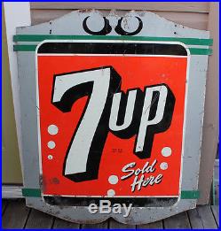 ANTIQUE Vintage Deco Stout Metal Tin 7-Up Soda Pop 2 Sided Store Hanging Sign