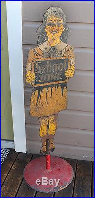 ANTIQUE Vintage Gas Station Standee Metal Little Girl School Zone Crossing Sign