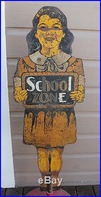 ANTIQUE Vintage Gas Station Standee Metal Little Girl School Zone Crossing Sign