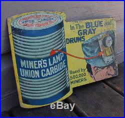 ANTIQUE Vintage Mining Metal Union Carbide Miner's Lamp 2 Sided Flange Sign
