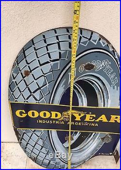 Antique GOODYEAR Vintage Enamel Porcelain Advertising Sign ORIGINAL 2 Sides Tire