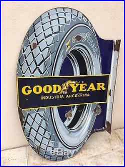 Antique GOODYEAR Vintage Enamel Porcelain Advertising Sign ORIGINAL 2 Sides Tire
