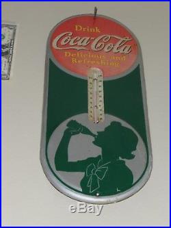 Antqe/Vtg Adv Thermometer Sign, COCA COLA SILHOUETTE Girl Soda1939, RARE, Org, USA