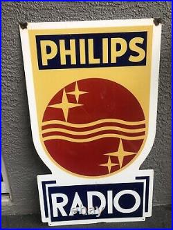Authentic Vintage Philips Radio Die Cut Porcelain Advertising Sign 36x21