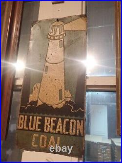 C. 1940s Original Vintage Blue Beacon Coal Sign Metal Embossed Lighthouse Gas Oil