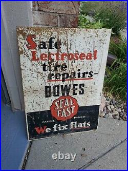 C. 1940s Original Vintage Bowes Seal Fast Sign Metal 2 Sided Tire Repair Gas Oil