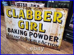 C. 1940s Original Vintage Clabber Girl Baking Powder Sign Metal Embossed Grocery