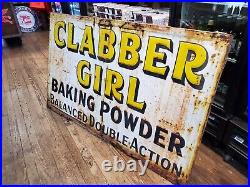 C. 1940s Original Vintage Clabber Girl Baking Powder Sign Metal Embossed Grocery