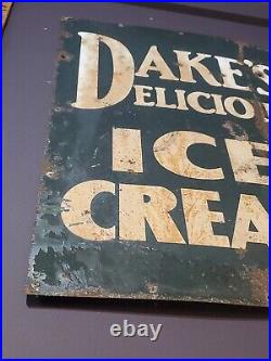 C. 1940s Original Vintage Dakes Delicious Ice Cream Sign Metal Dairy Soda Gas Oil