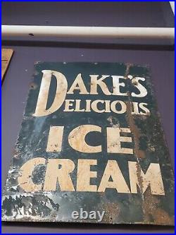 C. 1940s Original Vintage Dakes Delicious Ice Cream Sign Metal Dairy Soda Gas Oil
