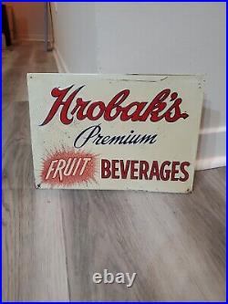 C. 1940s Original Vintage Hrobak's Fruit Beverages Sign Metal Embossed Grocery