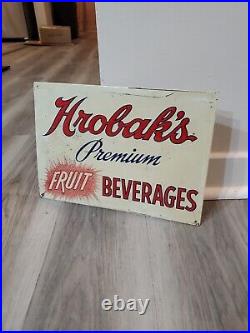 C. 1940s Original Vintage Hrobak's Fruit Beverages Sign Metal Embossed Grocery