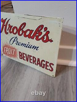 C. 1940s Original Vintage Hrobak's Fruit Beverages Sign Metal Embossed Grocery