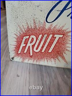 C. 1940s Original Vintage Hrobak's Fruit Beverages Sign Metal Embossed Grocery