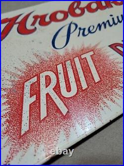 C. 1940s Original Vintage Hrobak's Fruit Beverages Sign Metal Embossed Grocery