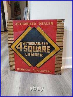 C. 1940s Original Vintage Weyerhaeuser 4 Square Lumber Sign Metal Dealer Home Gas