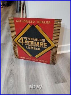 C. 1940s Original Vintage Weyerhaeuser 4 Square Lumber Sign Metal Dealer Home Gas