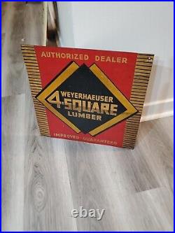 C. 1940s Original Vintage Weyerhaeuser 4 Square Lumber Sign Metal Dealer Home Gas