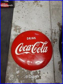 C. 1944 Original Vintage Coca Cola Button Sign 24 Inch Metal Dealer Soda Gas Oil