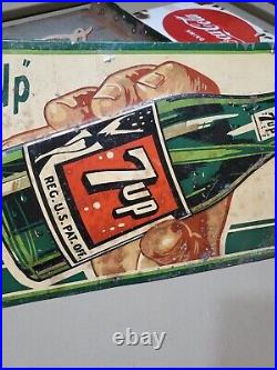 C. 1949 Original Vintage Fresh Up With 7up Sign Metal Embossed Hand On Bottle
