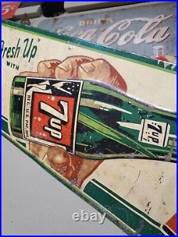 C. 1949 Original Vintage Fresh Up With 7up Sign Metal Embossed Hand On Bottle