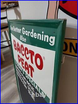 C. 1950s Original Vintage Baccto Michigan Peat Sign Metal Embossed Lawn Garden