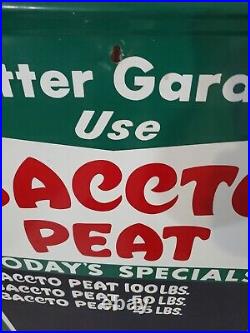 C. 1950s Original Vintage Baccto Michigan Peat Sign Metal Embossed Lawn Garden