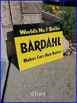 C. 1950s Original Vintage Bardahl Oil Sign Metal Rack Topper Makes Cars Run Bette