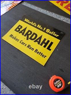 C. 1950s Original Vintage Bardahl Oil Sign Metal Rack Topper Makes Cars Run Bette