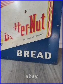 C. 1950s Original Vintage Butter-Nut Bread Sign Metal Embossed Tyler Baking Dairy