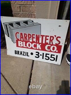 C. 1950s Original Vintage Carpenter's Block Copmany Sign Metal Brazil IN Gas Oil