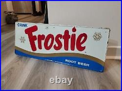 C. 1950s Original Vintage Drink Frostie Root Beer Sign Snowflake Snowman Soda Gas