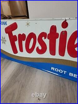 C. 1950s Original Vintage Drink Frostie Root Beer Sign Snowflake Snowman Soda Gas