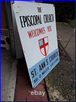 C. 1950s Original Vintage Episcopal Church Sign Metal Porcelain St. Anns Bible Gas