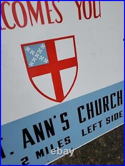 C. 1950s Original Vintage Episcopal Church Sign Metal Porcelain St. Anns Bible Gas