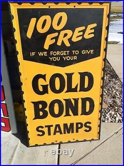 C. 1950s Original Vintage Gold Bond Stamps Sign Metal Embossed Huge Gas Oil Soda
