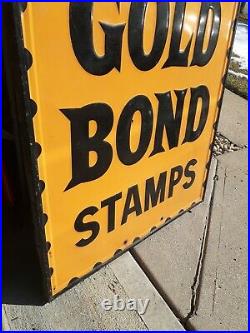 C. 1950s Original Vintage Gold Bond Stamps Sign Metal Embossed Huge Gas Oil Soda