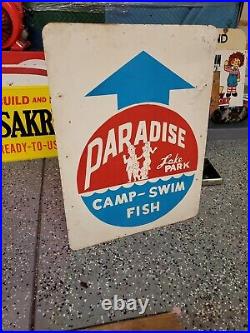C. 1950s Original Vintage Paradise Lake Park Sign Metal Camp Swim Fish Rochester
